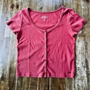 Hollister Must-Have Collection Red-Pink Button Down Ribbed Baby Tee